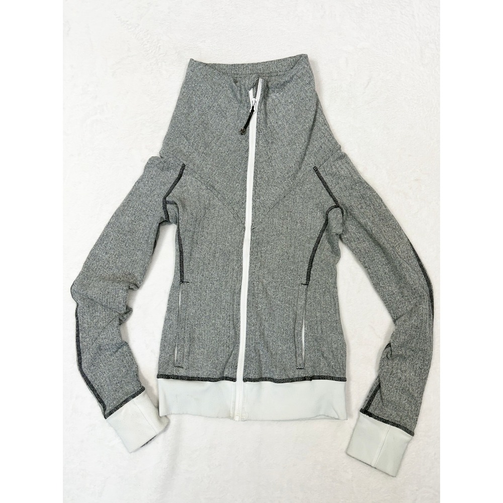 Lululemon Scuba Full Zip Hoodie Grey Herringbone Funnel Neck Jacket Size 2